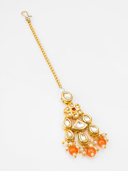 Aadita Fashion Orange Kundan Pearl Maang Tikka with Golden Chain
