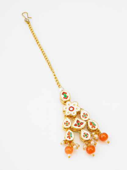 Aadita Fashion Orange Kundan Pearl Maang Tikka with Golden Chain