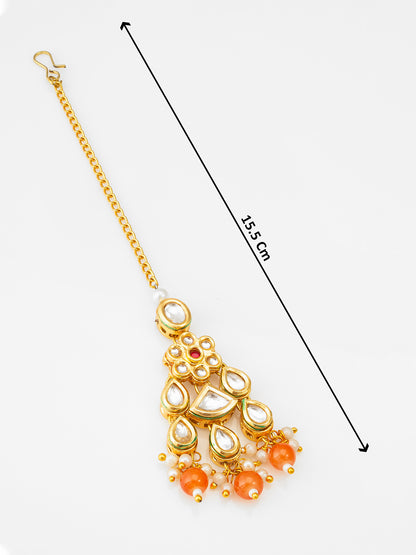 Aadita Fashion Orange Kundan Pearl Maang Tikka with Golden Chain