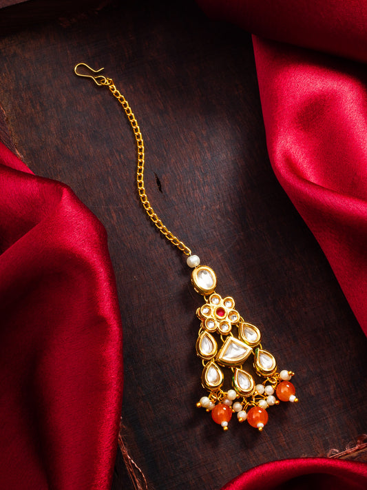 Aadita Fashion Orange Kundan Pearl Maang Tikka with Golden Chain