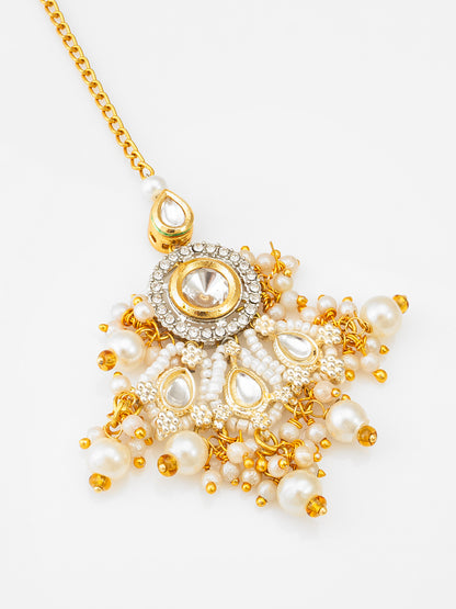 Aadita Fashion White Pearl Kundan Maang Tikka for Bridal Wear