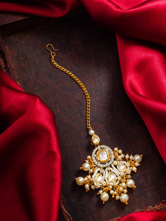 Aadita Fashion White Pearl Kundan Maang Tikka for Bridal Wear