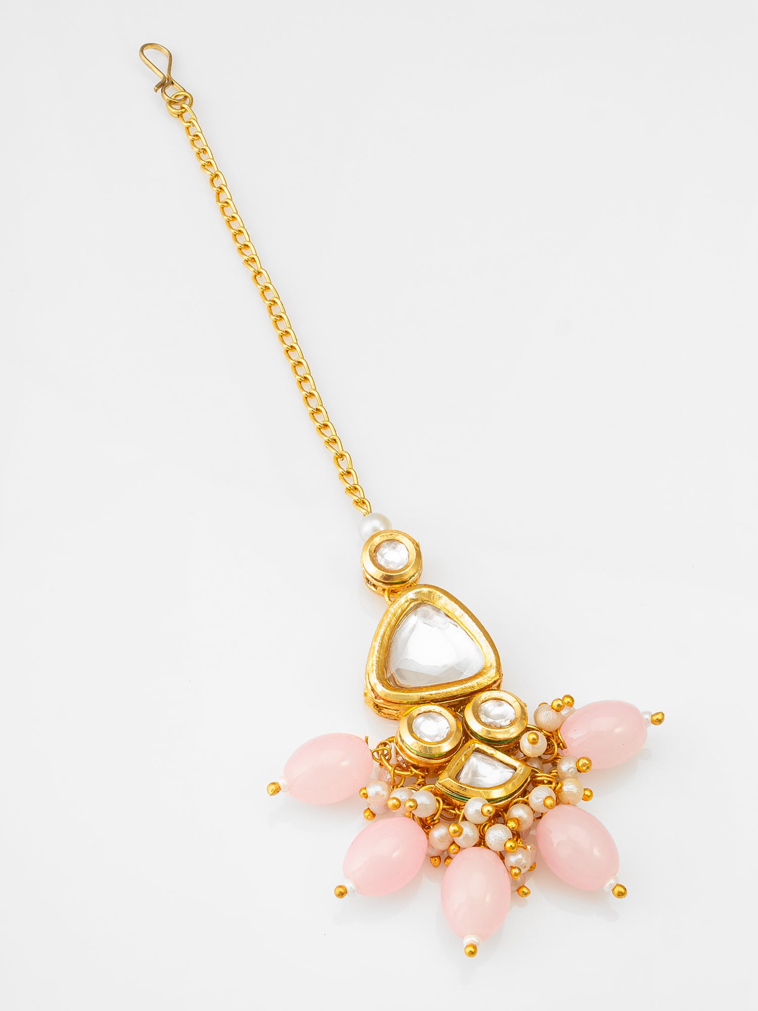 Aadita Fashion Gold Plated Pink Beaded Kundan Maang Tikka for Women
