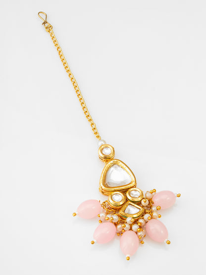 Aadita Fashion Gold Plated Pink Beaded Kundan Maang Tikka for Women