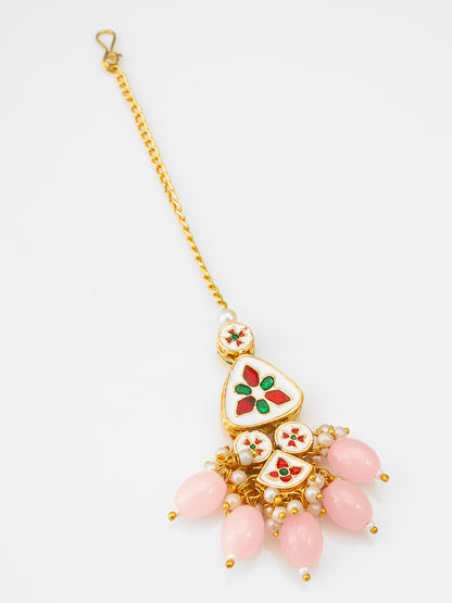 Aadita Fashion Gold Plated Pink Beaded Kundan Maang Tikka for Women