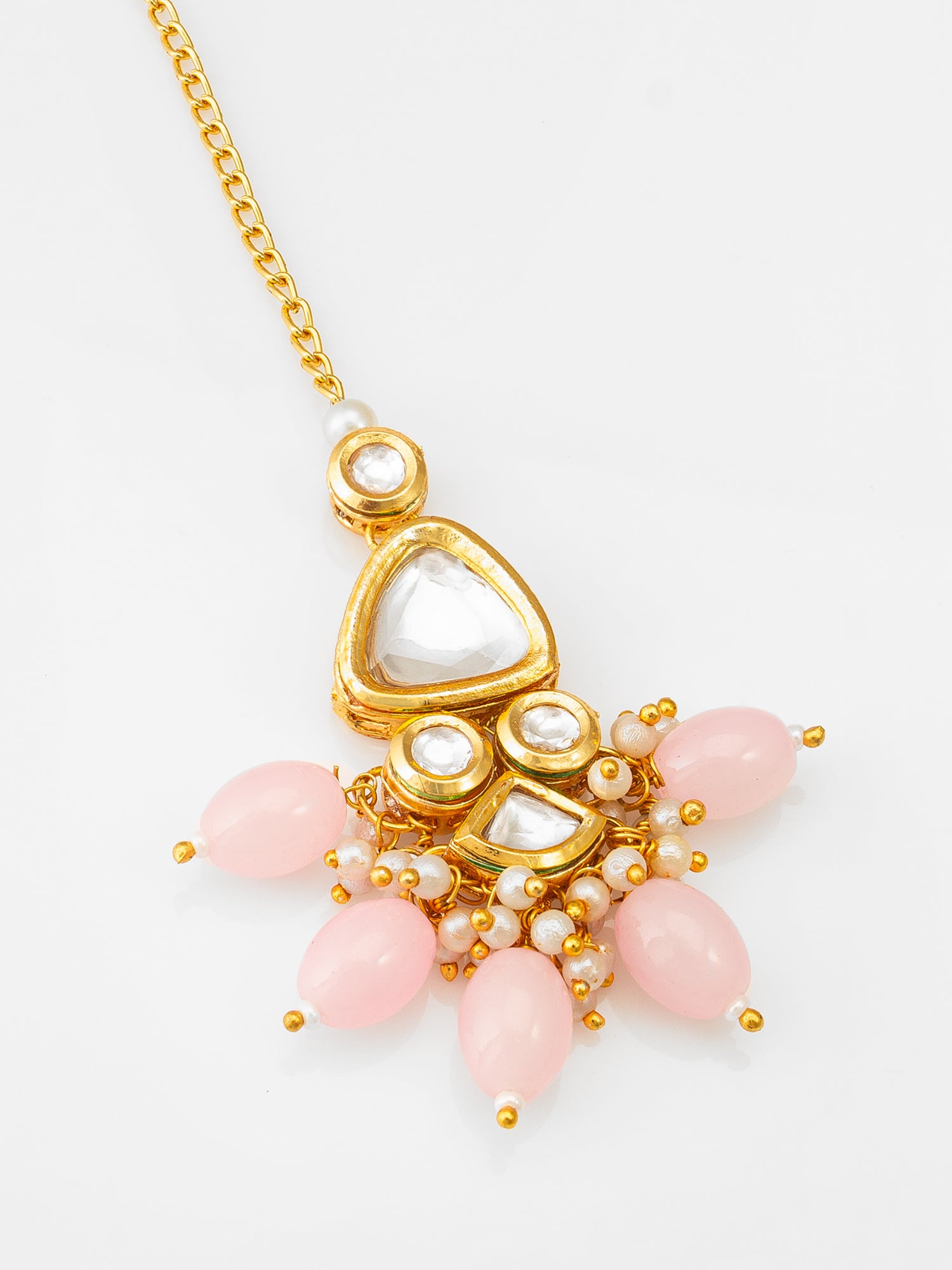 Aadita Fashion Gold Plated Pink Beaded Kundan Maang Tikka for Women