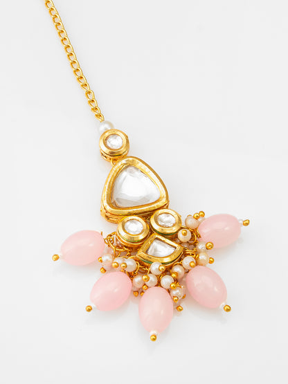Aadita Fashion Gold Plated Pink Beaded Kundan Maang Tikka for Women