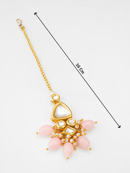 Aadita Fashion Gold Plated Pink Beaded Kundan Maang Tikka for Women