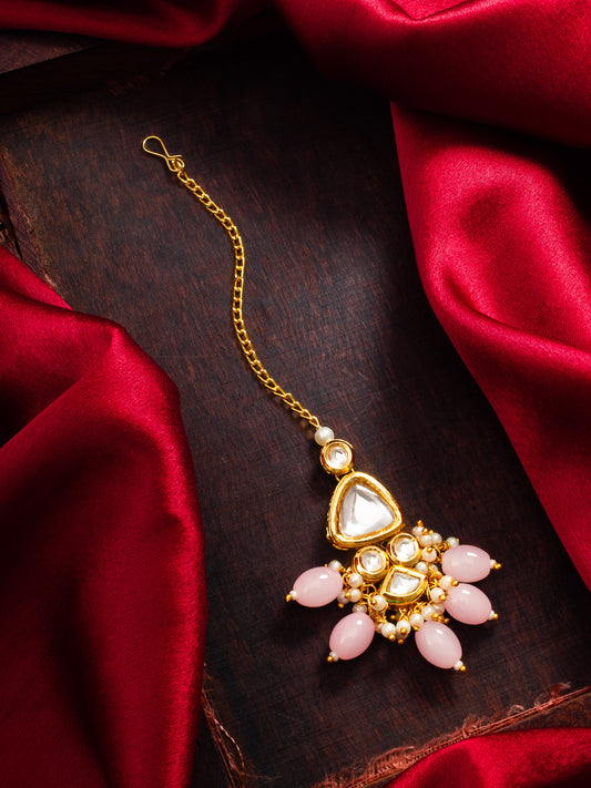 Aadita Fashion Gold Plated Pink Beaded Kundan Maang Tikka for Women