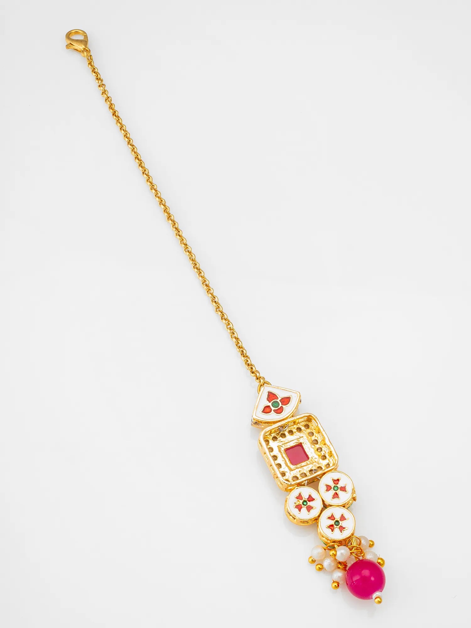 Gold bracelet with colorful beads on a white background