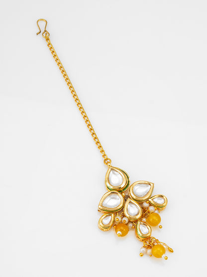Aadita Fashion Yellow Bead Kundan Maang Tikka with Golden Chain