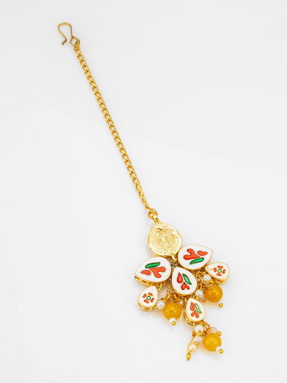 Aadita Fashion Yellow Bead Kundan Maang Tikka with Golden Chain