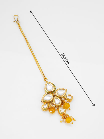 Aadita Fashion Yellow Bead Kundan Maang Tikka with Golden Chain