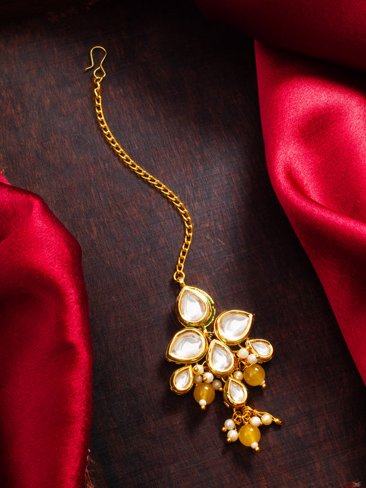Aadita Fashion Yellow Bead Kundan Maang Tikka with Golden Chain