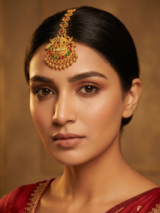 Aadita Gold-Plated Temple Maang Tikka with Stones and Beaded Drops