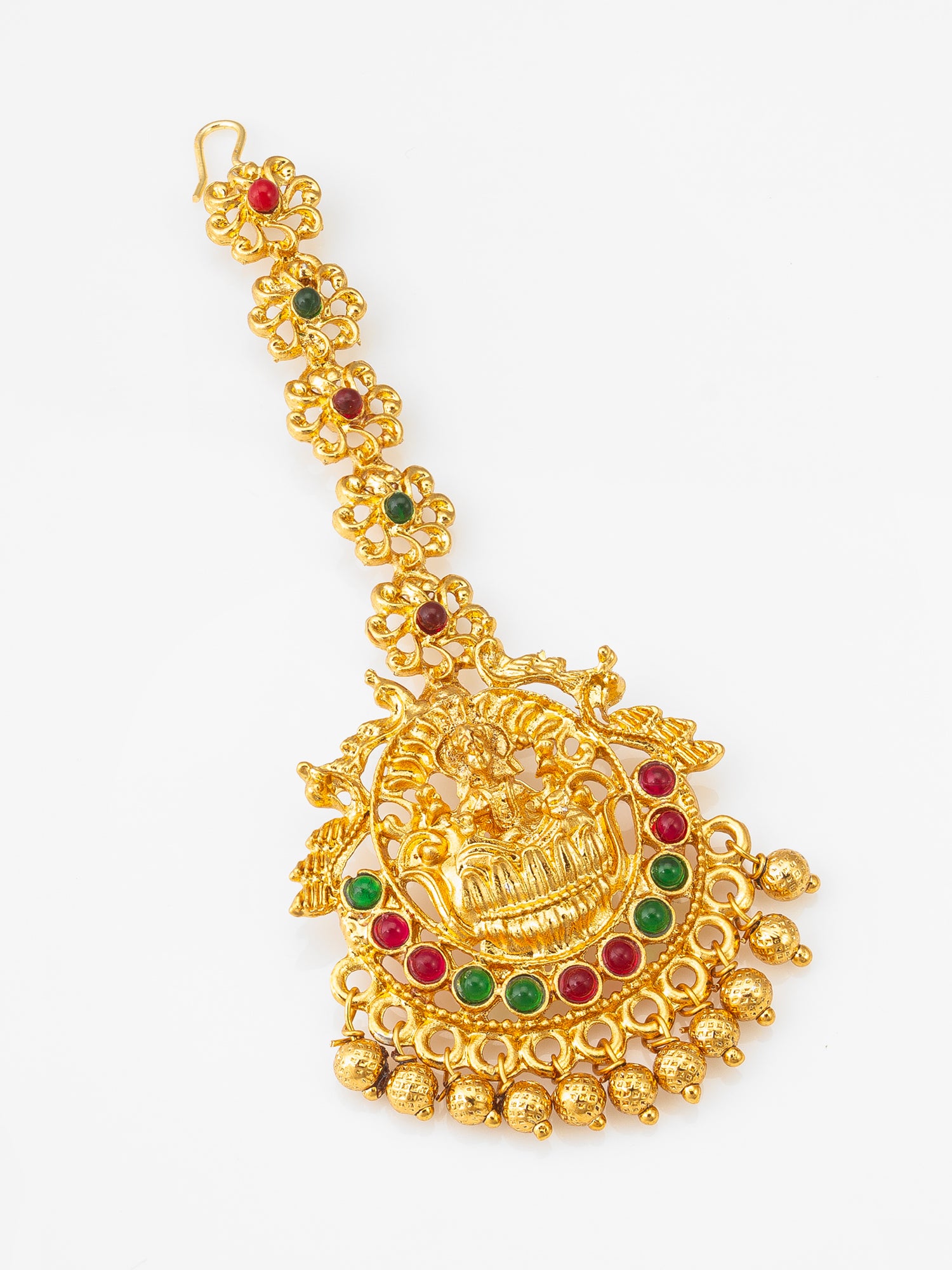 Aadita Gold-Plated Temple Maang Tikka with Stones and Beaded Drops