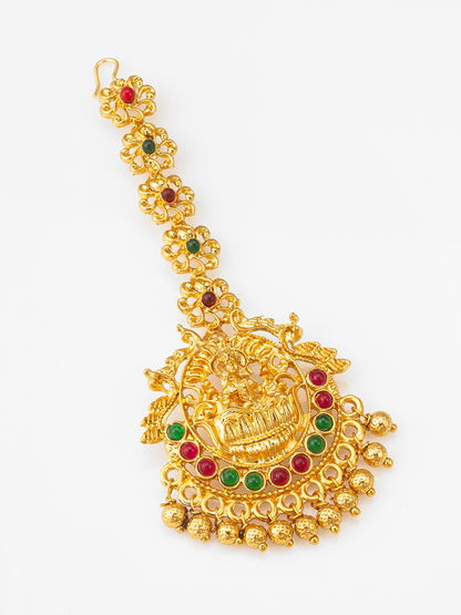 Aadita Gold-Plated Temple Maang Tikka with Stones and Beaded Drops