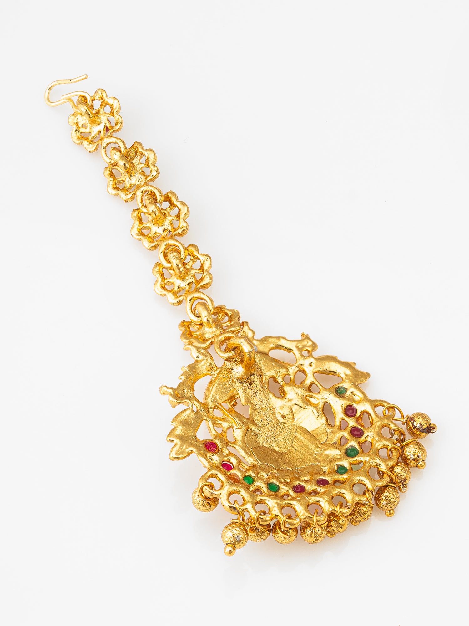 Aadita Gold-Plated Temple Maang Tikka with Stones and Beaded Drops