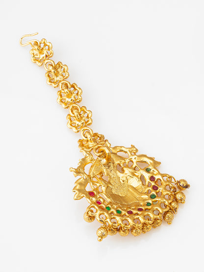 Aadita Gold-Plated Temple Maang Tikka with Stones and Beaded Drops