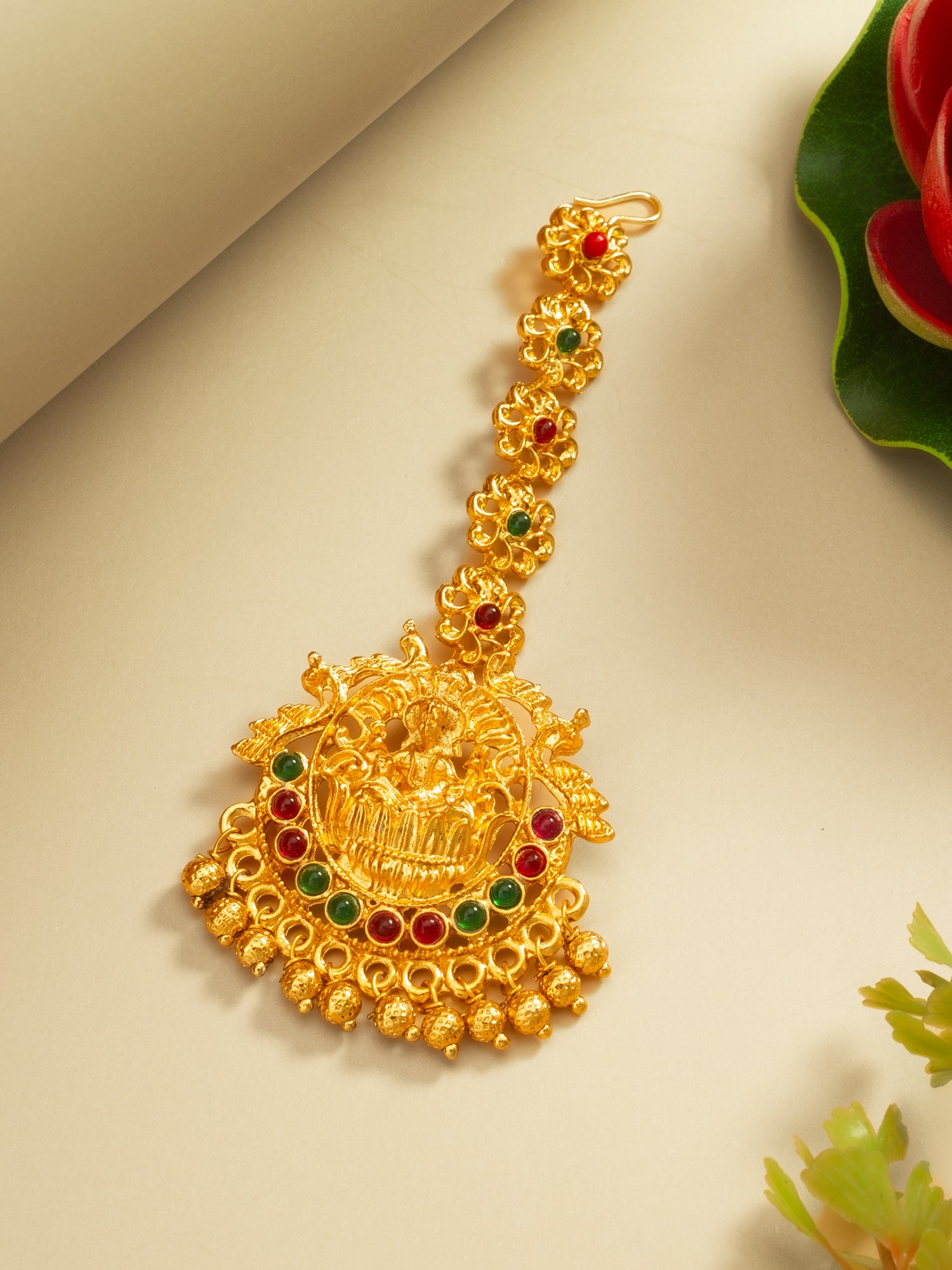 Aadita Gold-Plated Temple Maang Tikka with Stones and Beaded Drops