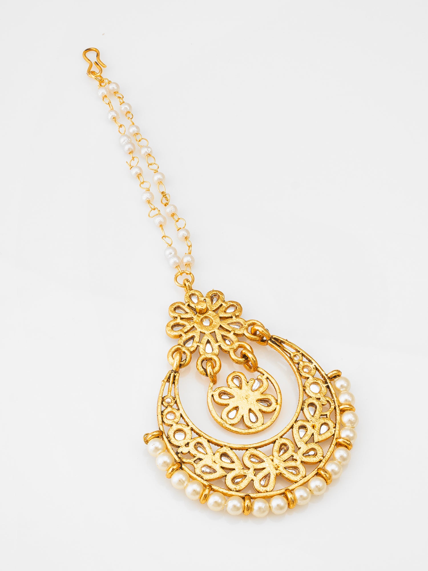 Aadita Fashion Gold-Plated Pearl Flower Design Maang Tikka