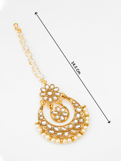 Aadita Fashion Gold-Plated Pearl Flower Design Maang Tikka