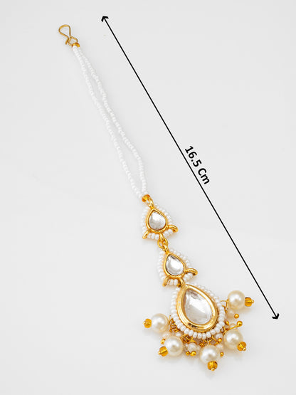 Aadita Kundan Pearl Maang Tikka with Earrings Set for Women