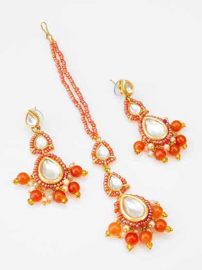 Aadita Fashion Red Beaded Kundan Maang Tikka with Earrings for Women WMGT6277