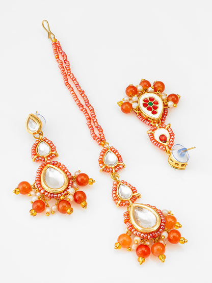 Aadita Fashion Red Beaded Kundan Maang Tikka with Earrings for Women