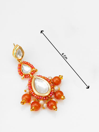 Aadita Fashion Red Beaded Kundan Maang Tikka with Earrings for Women