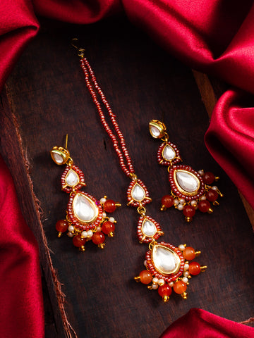 Aadita Fashion Red Beaded Kundan Maang Tikka with Earrings for Women