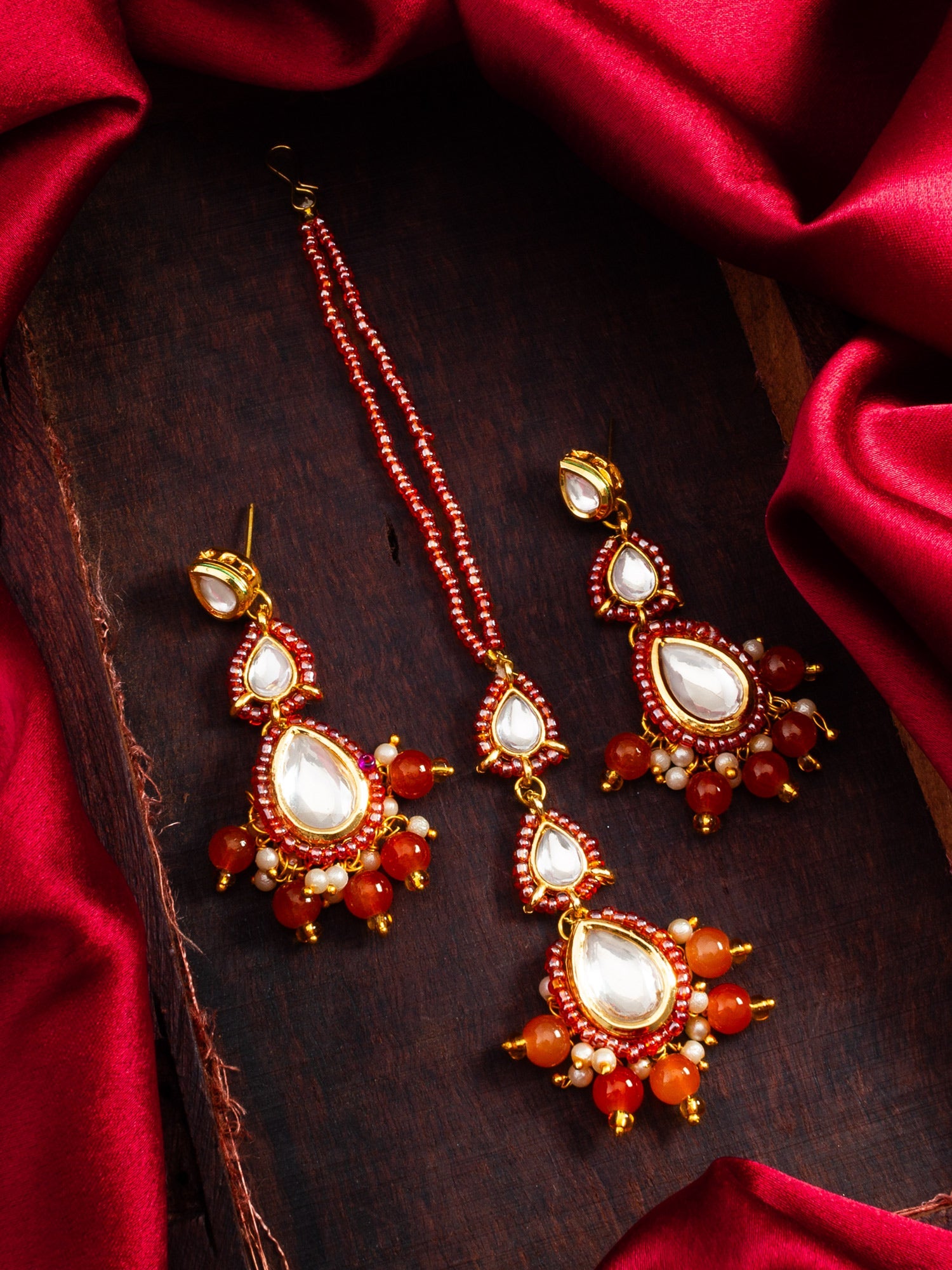 Aadita Fashion Red Beaded Kundan Maang Tikka with Earrings for Women WMGT6277