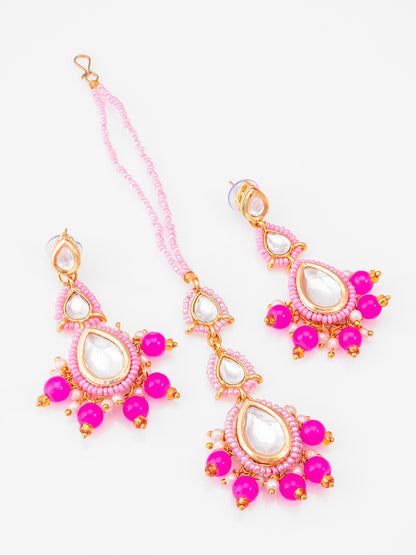 Aadita Fashion Pink Beaded Maang Tikka with Earrings for Women