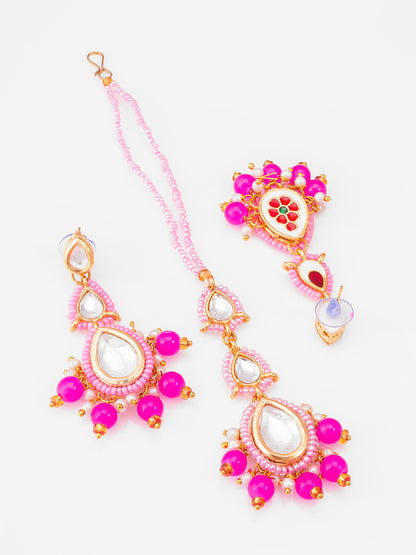 Aadita Fashion Pink Beaded Maang Tikka with Earrings for Women