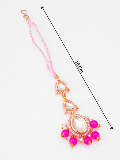 Aadita Fashion Pink Beaded Maang Tikka with Earrings for Women