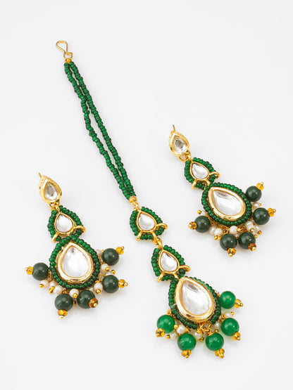 Aadita Fashion Green Beaded Kundan Maang Tikka with Matching Earrings