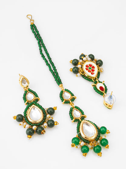 Aadita Fashion Green Beaded Kundan Maang Tikka with Matching Earrings