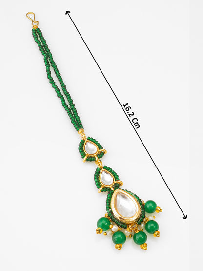 Aadita Fashion Green Beaded Kundan Maang Tikka with Matching Earrings
