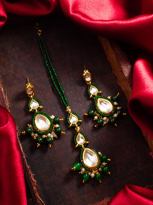 Aadita Fashion Green Beaded Kundan Maang Tikka with Matching Earrings