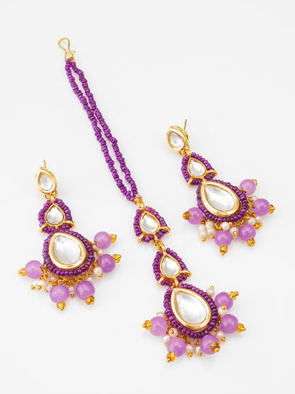 Aadita Fashion Purple Beads Kundan Maang Tikka with Earrings Set for Women and Girls