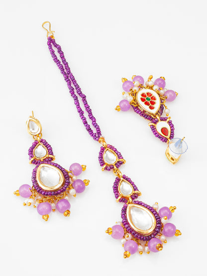 Aadita Fashion Purple Beads Kundan Maang Tikka with Earrings Set for Women and Girls