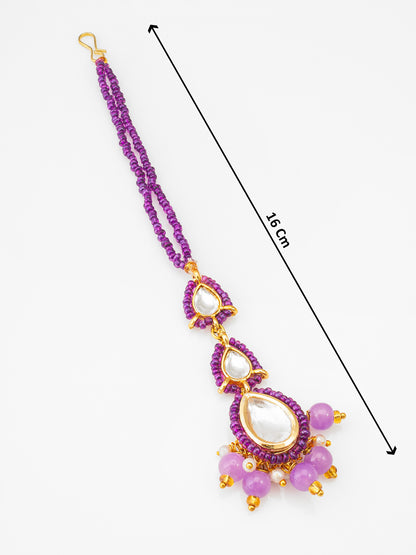 Aadita Fashion Purple Beads Kundan Maang Tikka with Earrings Set for Women and Girls