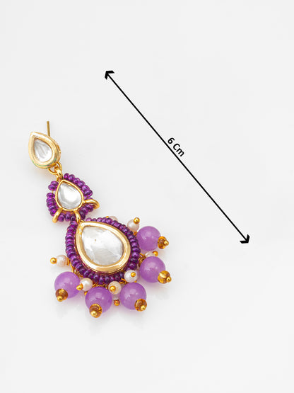 Aadita Fashion Purple Beads Kundan Maang Tikka with Earrings Set for Women and Girls
