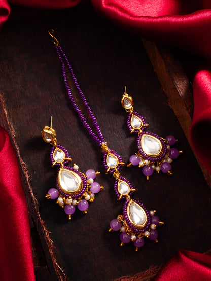 Aadita Fashion Purple Beads Kundan Maang Tikka with Earrings Set for Women and Girls