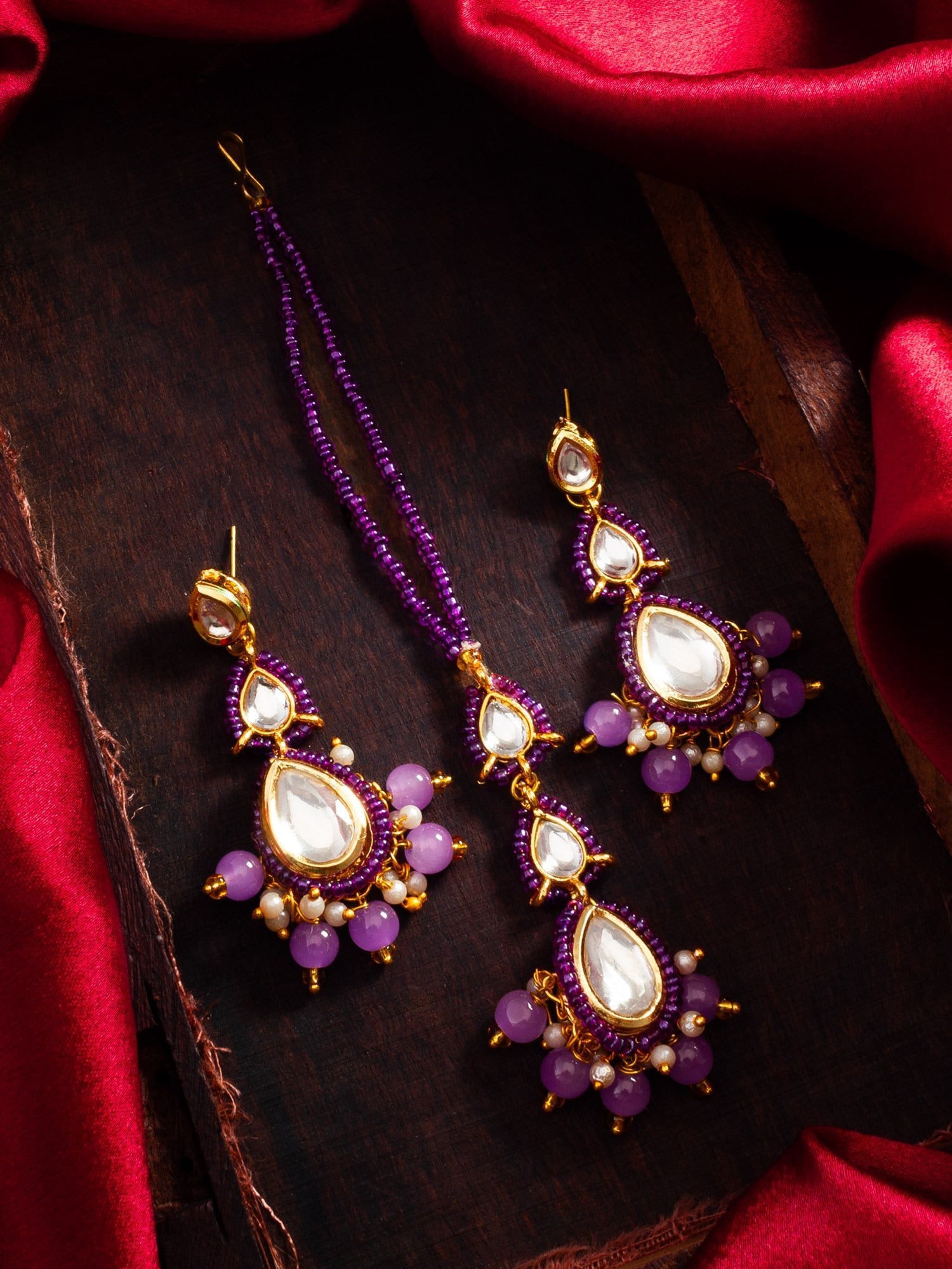 Aadita Fashion Purple Beads Kundan Maang Tikka with Earrings Set for Women and Girls WMGT6280