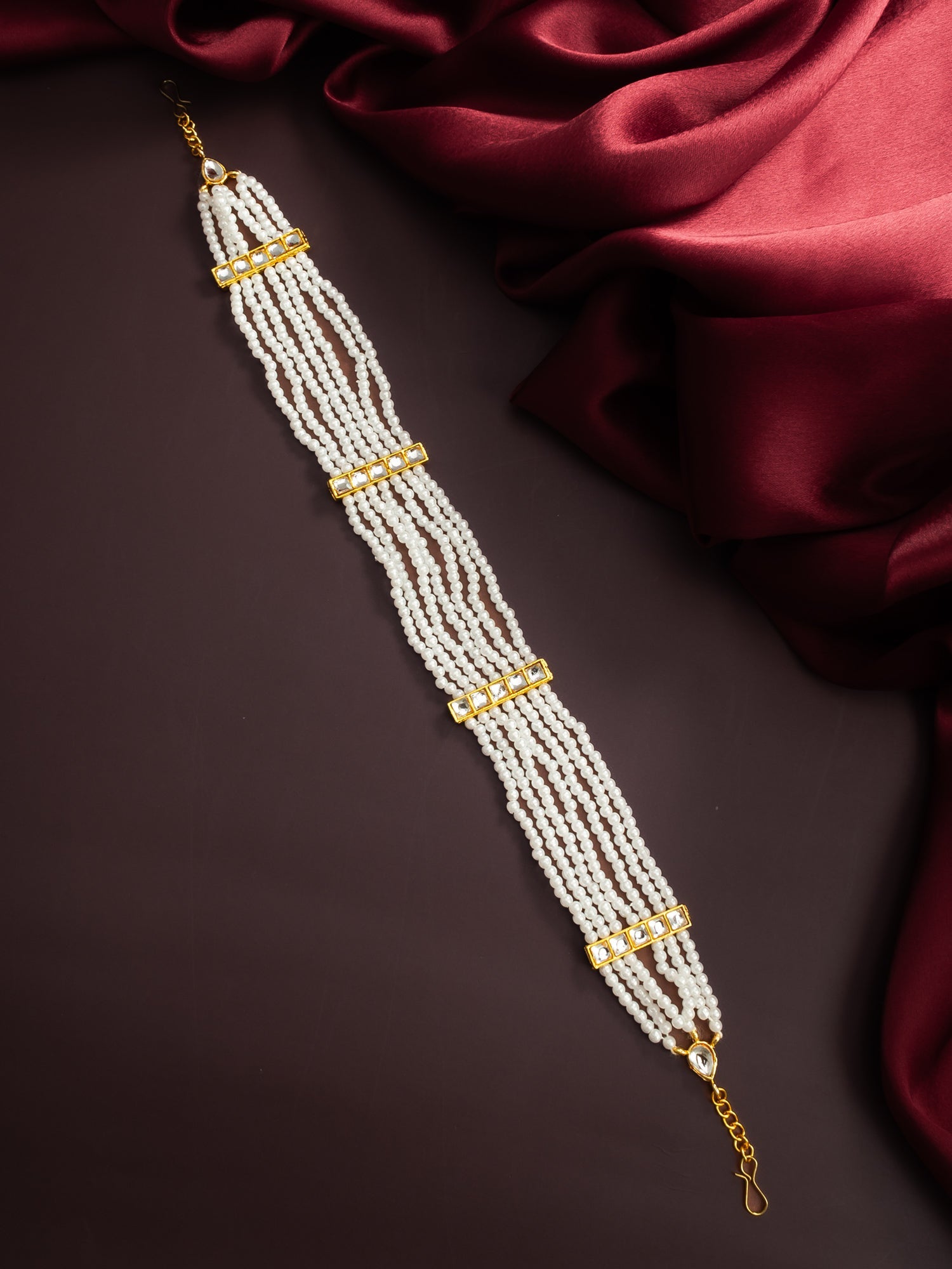 Aadita Gold-Plated White Kundan Pearl Multistrand Matha Patti WMGT6282