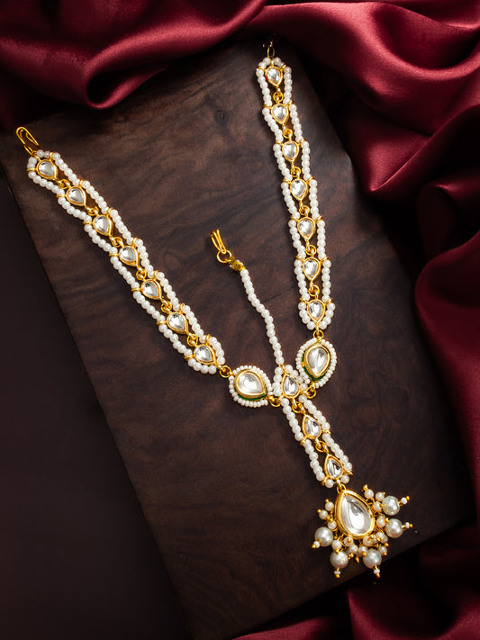 Aadita Gold-Plated White Kundan Matha Patti with Maang Tikka for Women