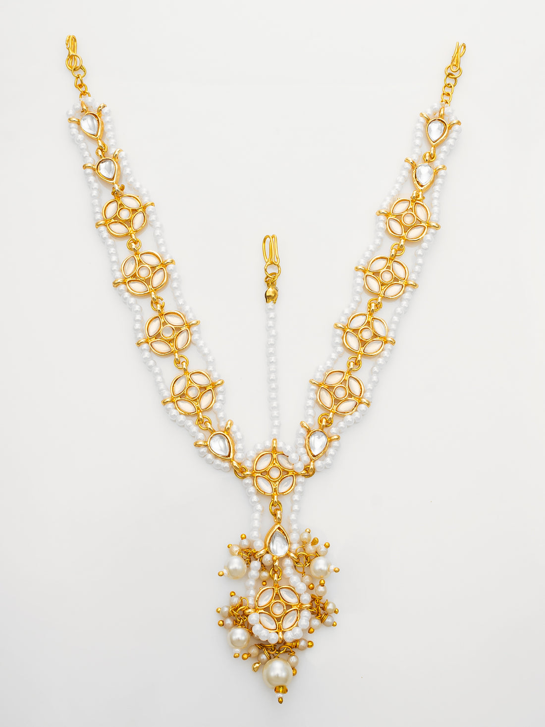 Gold Plated Kundan Pearl Matha Patti with Maang Tikka for Women