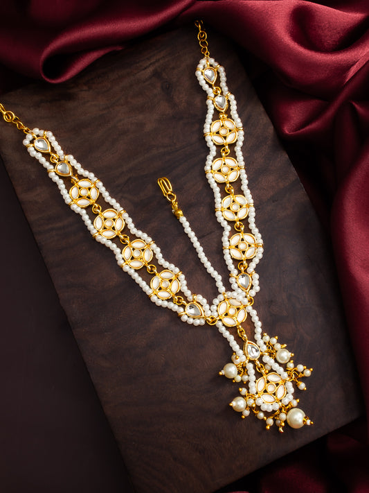 Aadita Gold Plated Kundan Pearl Matha Patti with Maang Tikka for Women