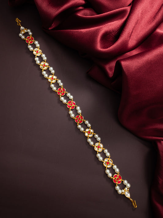 Aadita Traditional Kundan Red Enamel Matha Patti with Pearls – Bridal Headpiece